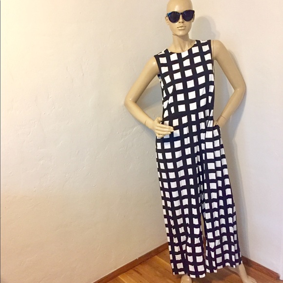 Elk Wide Leg Jumpsuit Black/White Tile Print, Sz L - Picture 2 of 10